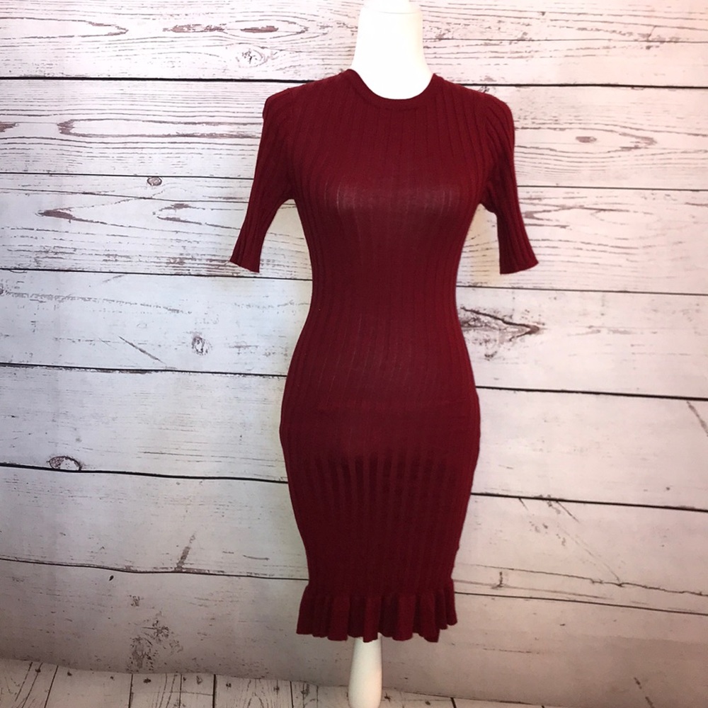John + Jenn Judith Ribbed Ruffle Trim Dress, Red